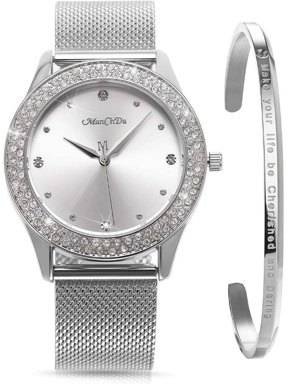 Women's Silver Crystal Case Mesh Stainless Steel Band Cuff Bracelet Set Watch